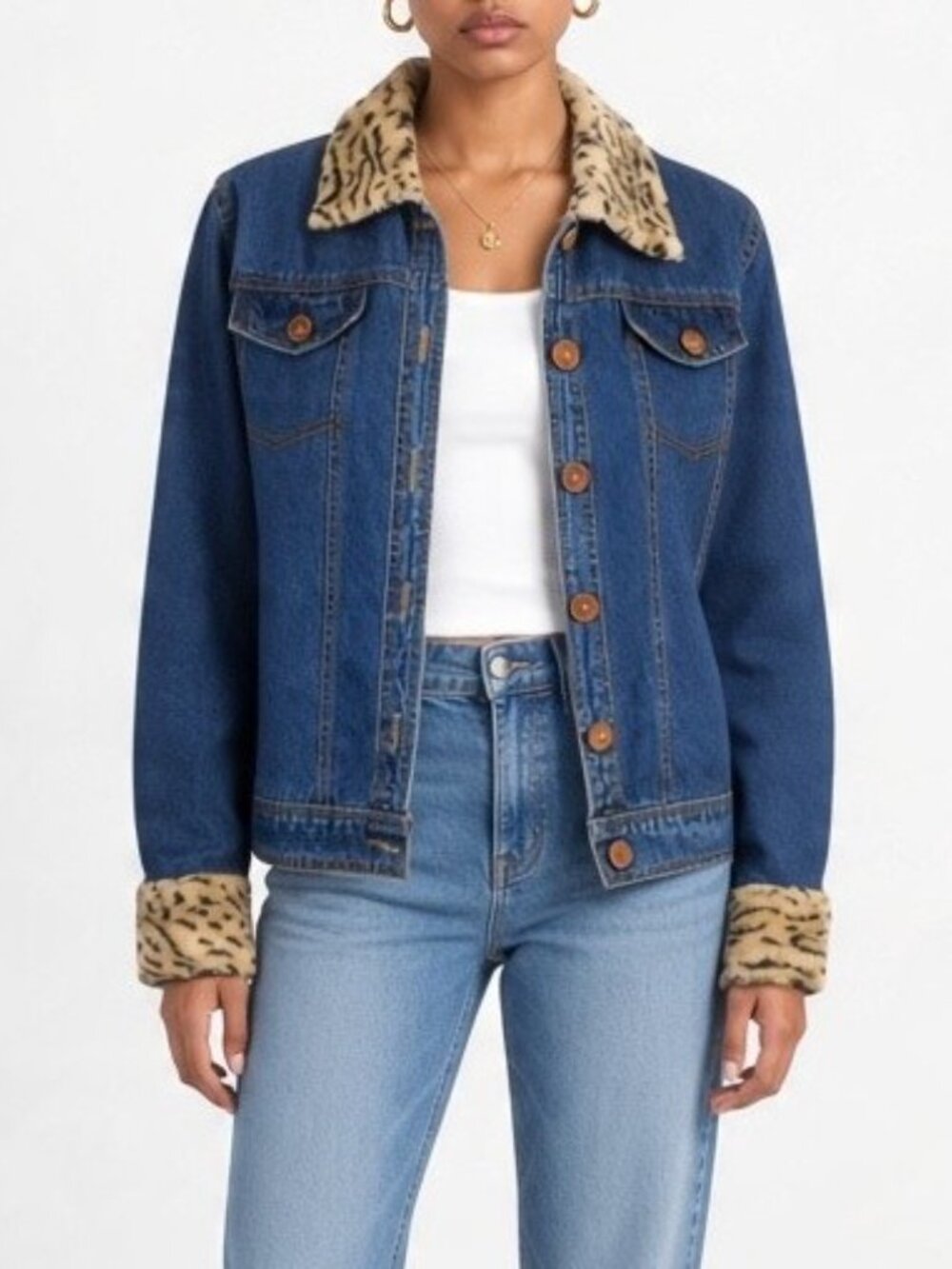 Vintage IKON Blue Denim Trucker Jacket Animal Print Faux Fur Trim Womens S